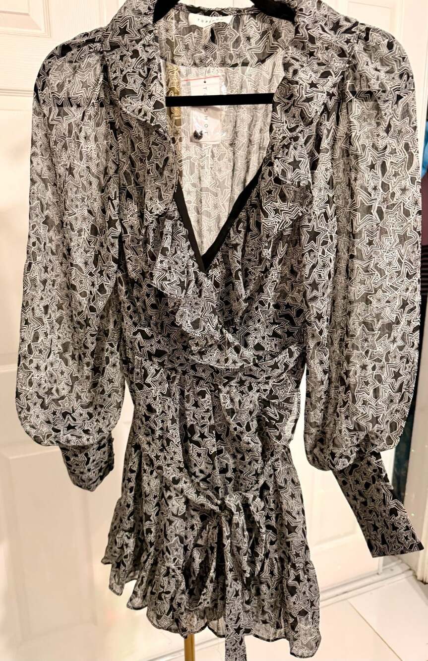 Topshop Black and White Star Print Ruffle Long Sleeve Wrap Mini Dress